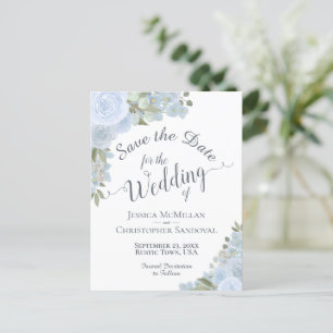 Cartão Postal De Anúncio Casamento Floral Azul Elegante Salve a Data