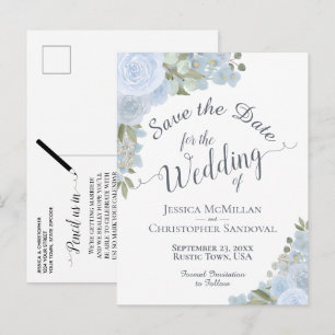Cartão Postal De Anúncio Casamento Floral Azul Elegante Salve a Data