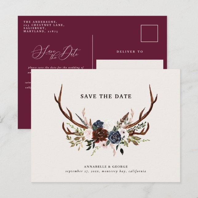 Cartão Postal De Anúncio Casamento floral azul marinho burgundy com antílop (Frente/Verso)