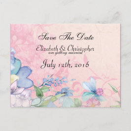 Cartão Postal De Anúncio Casamento Floral bonito, Rosa e Azul Salvar a Data