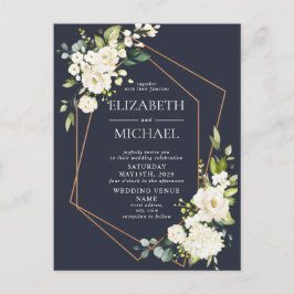 Cartão Postal De Anúncio Casamento floral branco azul geométrico de cobre
