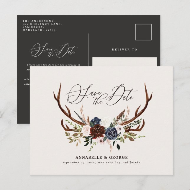 Cartão Postal De Anúncio Casamento floral burgundy azul naval script antíle (Frente/Verso)