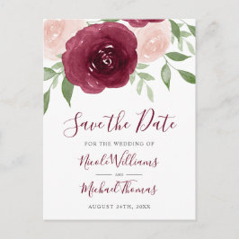 Cartão Postal De Anúncio Casamento Floral de Burgundy Watercolor Salvar a D
