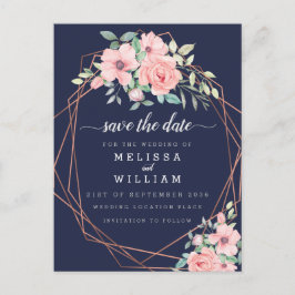 Cartão Postal De Anúncio Casamento Floral de Cobre Geométrico do marinho Sa
