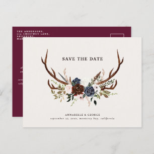 Cartão Postal De Anúncio Casamento floral de marinho burgundy com halteres