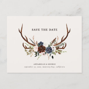 Cartão Postal De Anúncio Casamento floral de marinho burgundy com halteres 