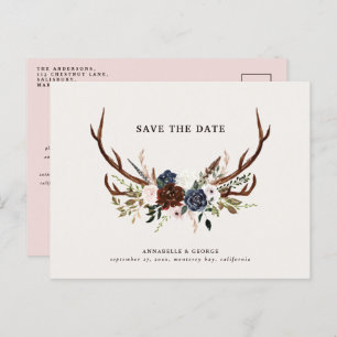 Cartão Postal De Anúncio Casamento floral de marinho burgundy com halteres 