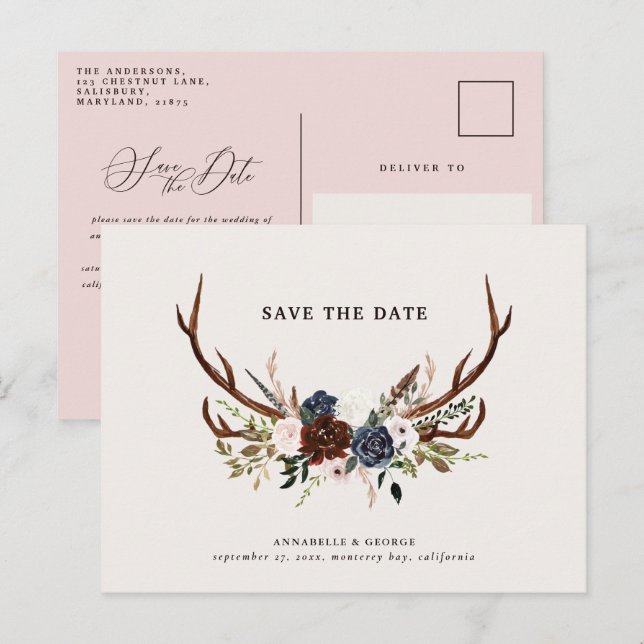 Cartão Postal De Anúncio Casamento floral de marinho burgundy com halteres  (Frente/Verso)