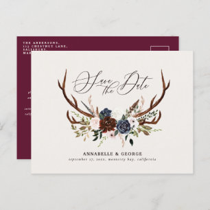 Cartão Postal De Anúncio Casamento floral de marinho burgundy com script de