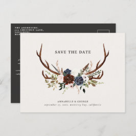 Cartão Postal De Anúncio Casamento floral de marinho burgundy com script de