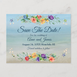 Cartão Postal De Anúncio Casamento Floral de Ocean Watercolor Salvar a Data