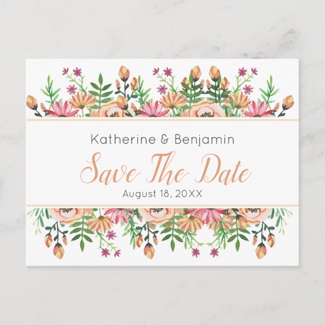 Cartão Postal De Anúncio Casamento Floral de Pêssego Save The Date (Frente)