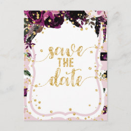 Cartão Postal De Anúncio Casamento Floral e Dourado Chic Purple Salve a Dat