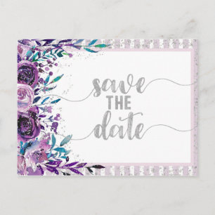 Cartão Postal De Anúncio Casamento Floral e Prateado Roxo Salve a Data
