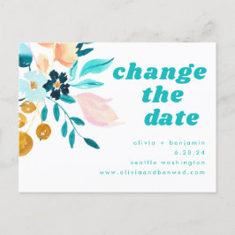 Cartão Postal De Anúncio Casamento Floral em Aquarela Azul Teal e Dourado B