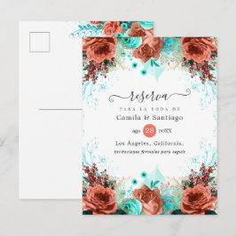 Cartão Postal De Anúncio Casamento Floral Espanhol Coral e Turquesa