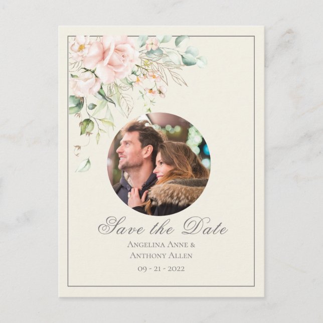Cartão Postal De Anúncio Casamento Floral Foto Água-marinha Rosa Marfim (Frente)
