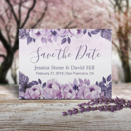 Cartão Postal De Anúncio Casamento Floral Purple Watercolor Salvar a Data