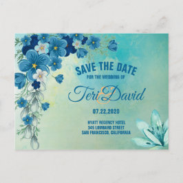 Cartão Postal De Anúncio Casamento Floral Romântico Azul/Verde Salvar A Dat