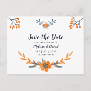 Cartão Postal De Anúncio Casamento Floral Romântico com Aquarela Azul Laran
