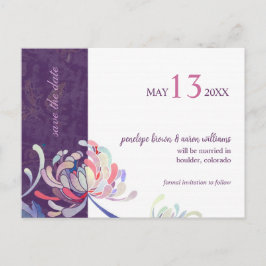 Cartão Postal De Anúncio Casamento Floral Roxo Elegante Salvar a Data