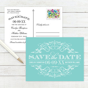 Cartão Postal De Anúncio Casamento Floreado Elegante Aqua Azul Salve a Data