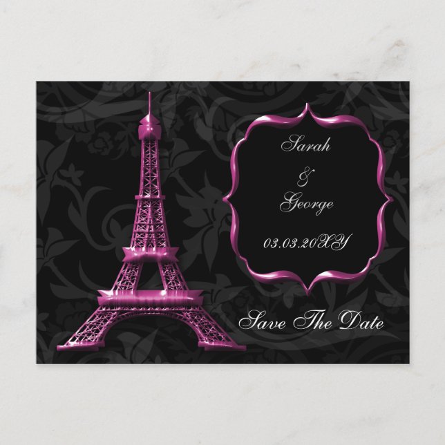 Cartão Postal De Anúncio Casamento francês da Torre Eiffel rosa Salve a dat (Frente)