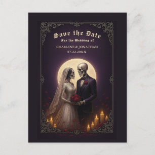 Cartão Postal De Anúncio Casamento Gótico Esqueleto Casal Roxo Salvar a Dat