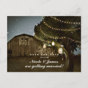 Cartão Postal De Anúncio Casamento Luzes Celeiro Rústico & Árvore Salvar A 