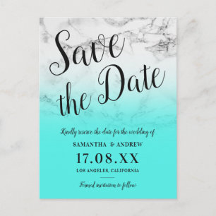 Cartão Postal De Anúncio casamento marble turquoise ombre salvem a data