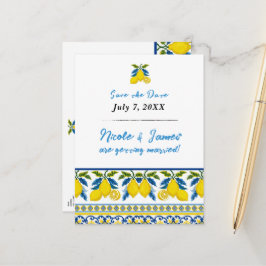 Cartão Postal De Anúncio Casamento Mediterrâneo Aquarela Amarelo Azul Limão