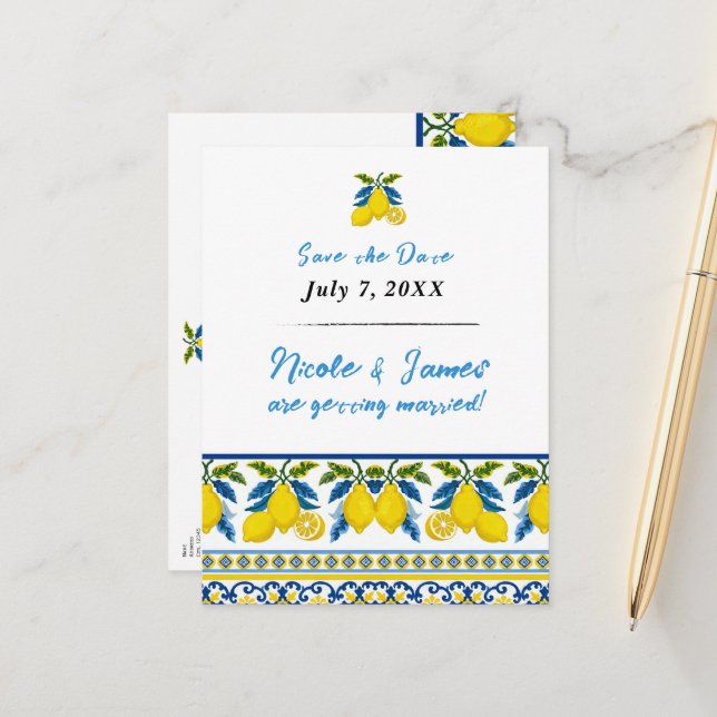 Cartão Postal De Anúncio Casamento mediterrânico de Lemon Amarelo Azul (Frente/Verso In Situ)
