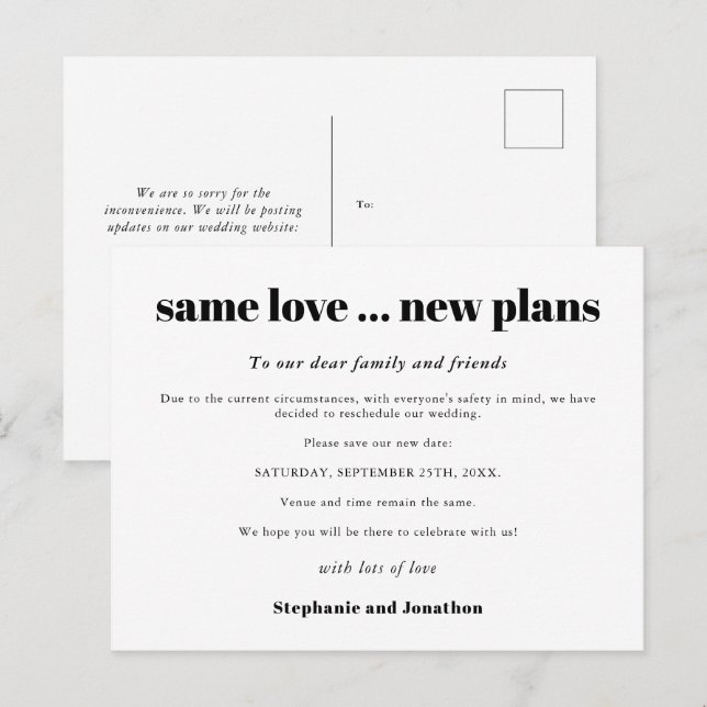 Cartão Postal De Anúncio Casamento Mesmo Amor Novos Planos Salvar Nova Data (Frente/Verso)