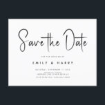 Cartão Postal De Anúncio Casamento minimalista moderno Salve a data<br><div class="desc">Um simples cartão moderno. Personalize este design preto e branco minimalista para ter seus detalhes pessoais e sua mensagem. Apresenta tipografia de caligrafia de script e fundo de imagem de faux glitter.</div>