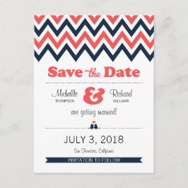 Cartão Postal De Anúncio Casamento Moderno de Azul-Marinho e Coral com Save