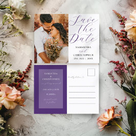 Cartão Postal De Anúncio Casamento Moderno de Foto Roxa para Salvar a Data