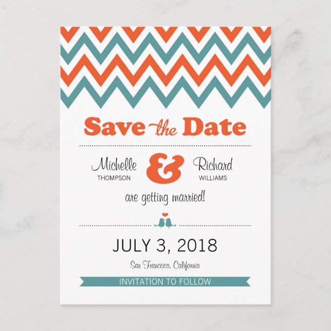 Cartão Postal De Anúncio Casamento Moderno de Teal & Orange Chevron & Loveb (Frente)