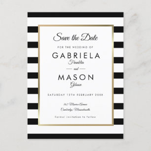 Cartão Postal De Anúncio Casamento Moderno Preto e Branco Listrado Save the