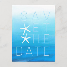 Cartão Postal De Anúncio Casamento na Praia com Aquarela Azul Save the Date