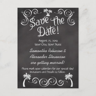 Cartão Postal De Anúncio Casamento na Praia com Palmeira e Quadro Negro Sal