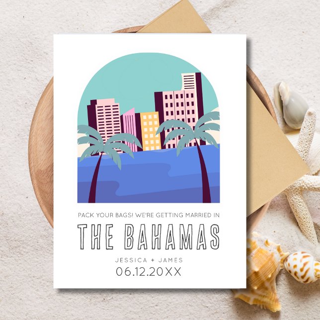 Cartão Postal De Anúncio Casamento na Praia no Destino Bahamas Economize na (Bahamas Destination Beach Wedding Save the Date Postcard)