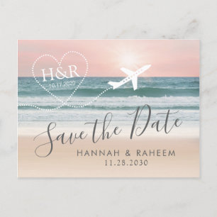Cartão Postal De Anúncio Casamento na Praia Pôr do Sol Coração Avião Salve 