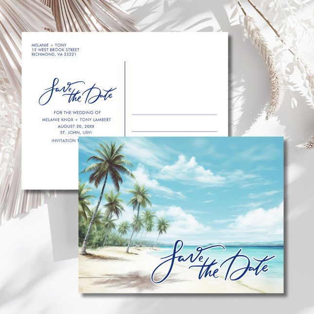 Cartão Postal De Anúncio Casamento na Praia Tropical Salve a Data (Tropical Beach Wedding Save the Date Announcement Postcard)