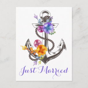 Cartão Postal De Anúncio Casamento Náutico Âncora Roxa Recém-Casados Praia
