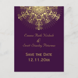 Cartão Postal De Anúncio casamento no inverno roxo Dourado floco de neve Sa