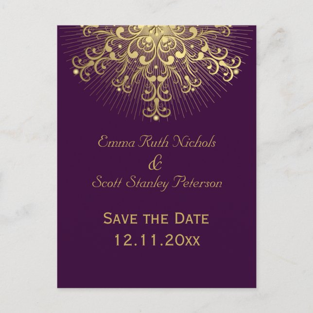Cartão Postal De Anúncio casamento no inverno roxo Dourado floco de neve Sa (Frente)