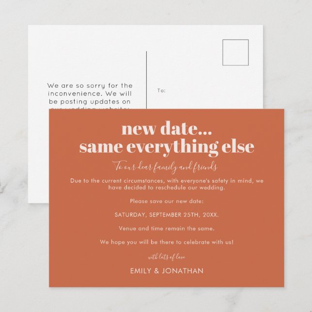 Cartão Postal De Anúncio Casamento Nova Data Tudo Igual Cerâmica (Frente/Verso)