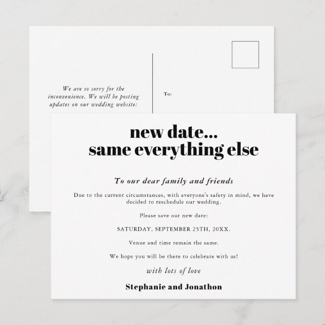 Cartão Postal De Anúncio Casamento Nova Data Tudo Mais Igual Texto Simples (Frente/Verso)