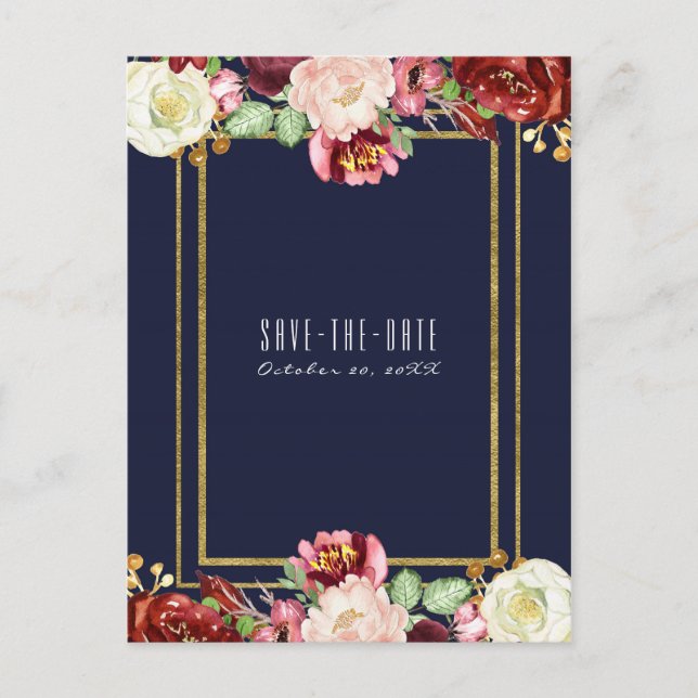 Cartão Postal De Anúncio Casamento outono Azul Dourado Floral Marsala Data  (Frente)