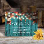 Cartão Postal De Anúncio Casamento outono Rustic Lantern Teal Salva a Data<br><div class="desc">Lanterna Rústica,  Casamento outono de madeira do Teal Barn Salve os Anúncios de Data.</div>